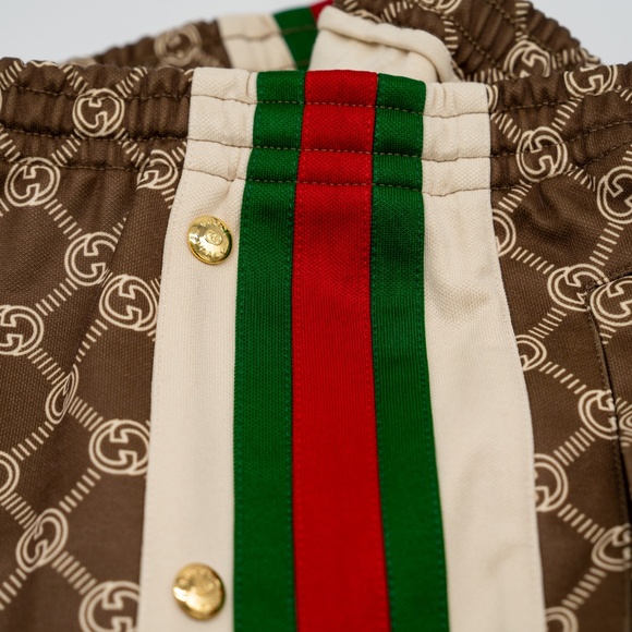 size M Gucci Women GG Cropped Track Pants Tear Away Buttons Web Beige Brown - Picture 11 of 15